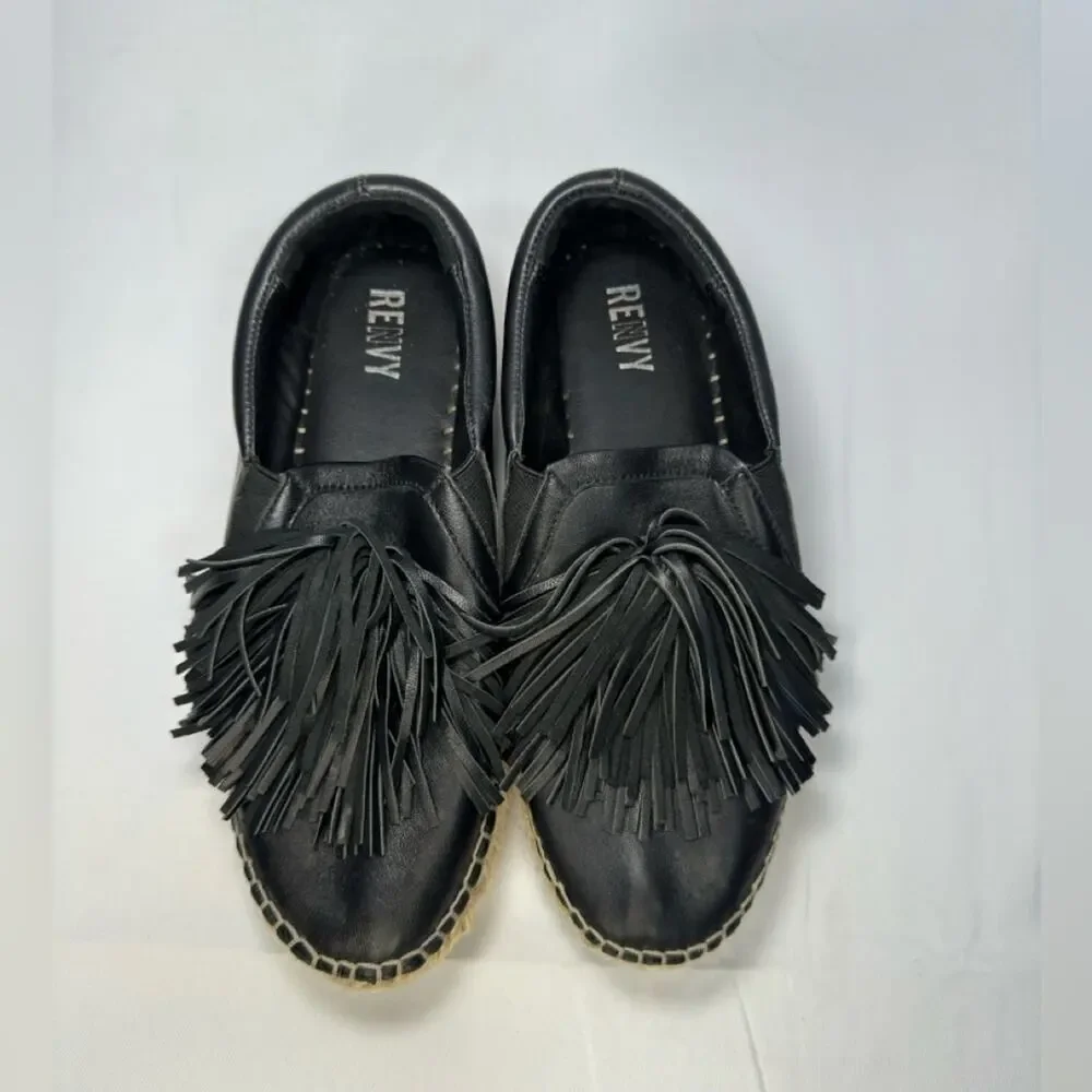 Renvy Espadrille Womens Shoes Size 8 Black Leather Fringe Espadrille Slip On
